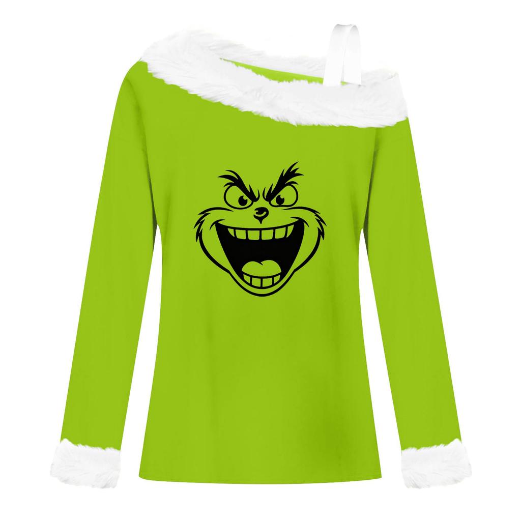 Women's Casual Fashion Sexy Off-Shoulder Collar Christmas Pattern Long Sleeve Crewneck T-Shirt Top