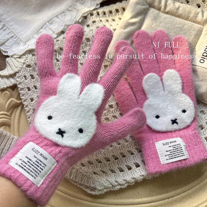 Miffy Rabbit sea salt blue bone girly gloves, cute plush and faux mink, warm split-finger gloves for women