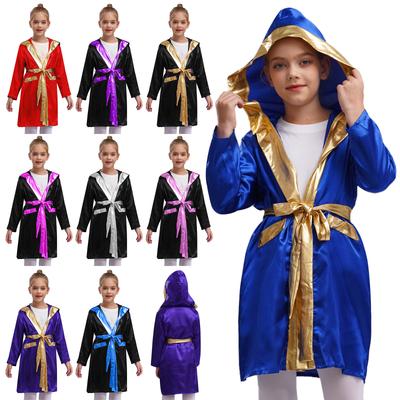 Dětské chlapce Boxerský župan Boxer Cosplay Kostým Dlouhý rukáv Kovové lemování Saténový plášť s kapucí Kickboxerské šaty na halloweenskou párty