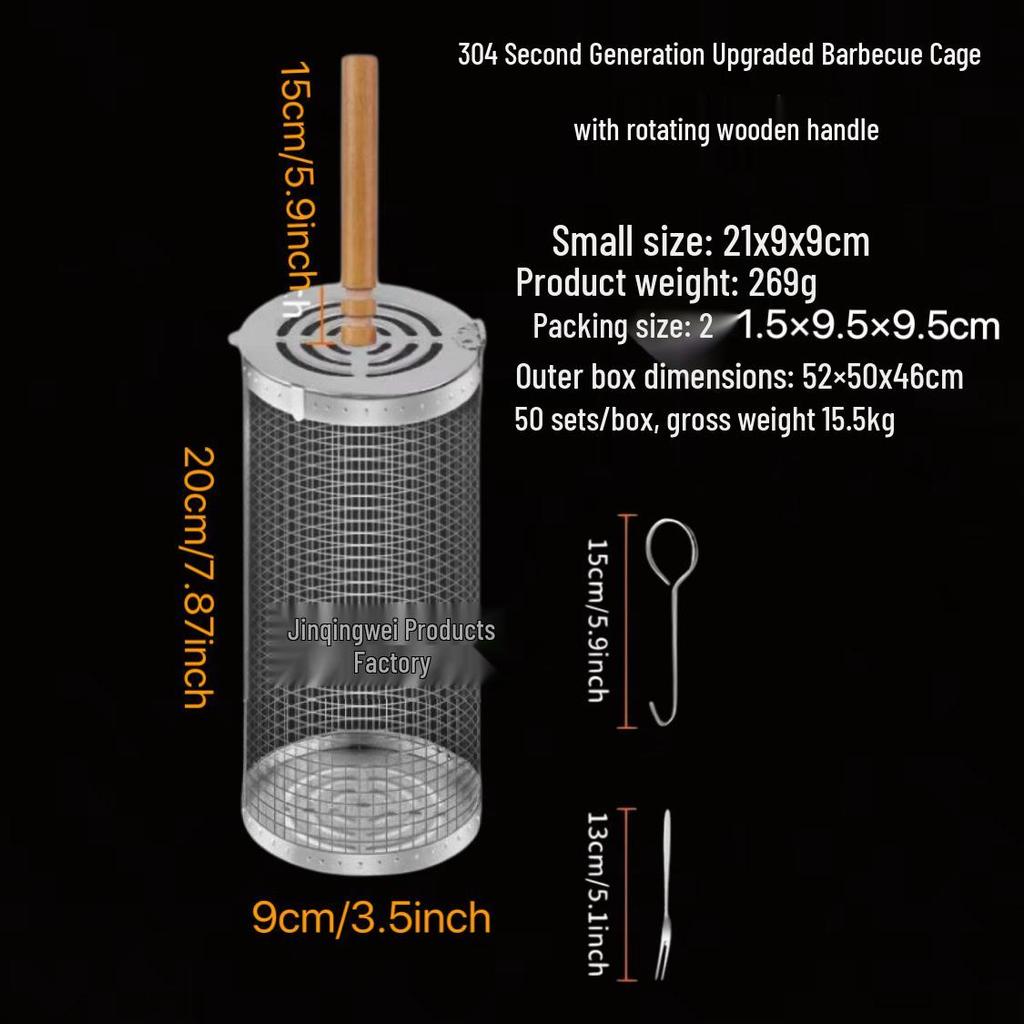 Rotating BBQ Grill Basket: 304 Stainless Steel with Wooden Handle