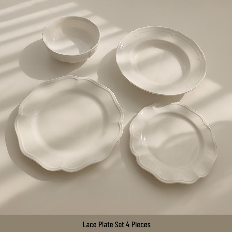 Tai Life French Retro White Embossed Ceramic Lace Plate for Breakfast & Dessert