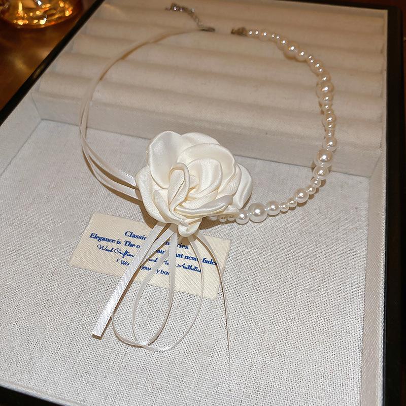 

Ribbon Pearl Flower Necklace Fairy Style Fashion Temperament Sweater Chain Personality Versatile New Jewelry