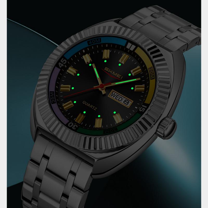 SKMEI Retro Men's Quartz Watch Fashion Sport Butterfly Buckle Steel Belt Week Calendar Large Dial Watches For Man