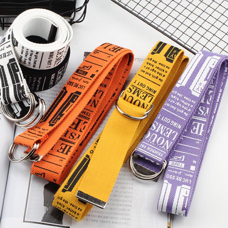 Ladies Belt Punk Street Letter Print Double D Ring Canvas Long Belt EMA