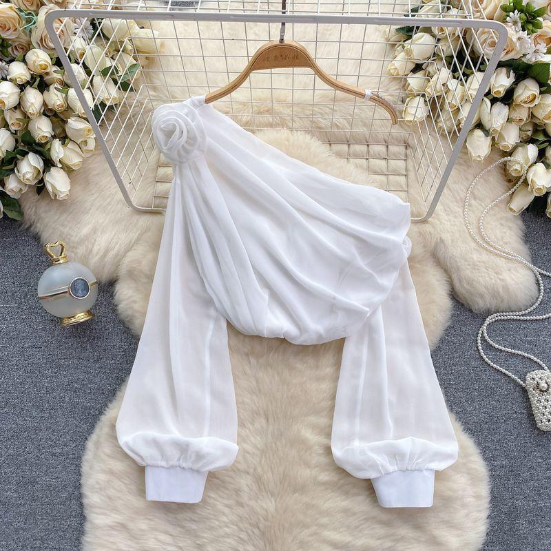 

Shirt for Women 2024 New Design Sense Three-Dimensional Flower Diagonal Collar off-the-Shoulder Puff Sleeves French Tops Women s Spring Fashion White One size