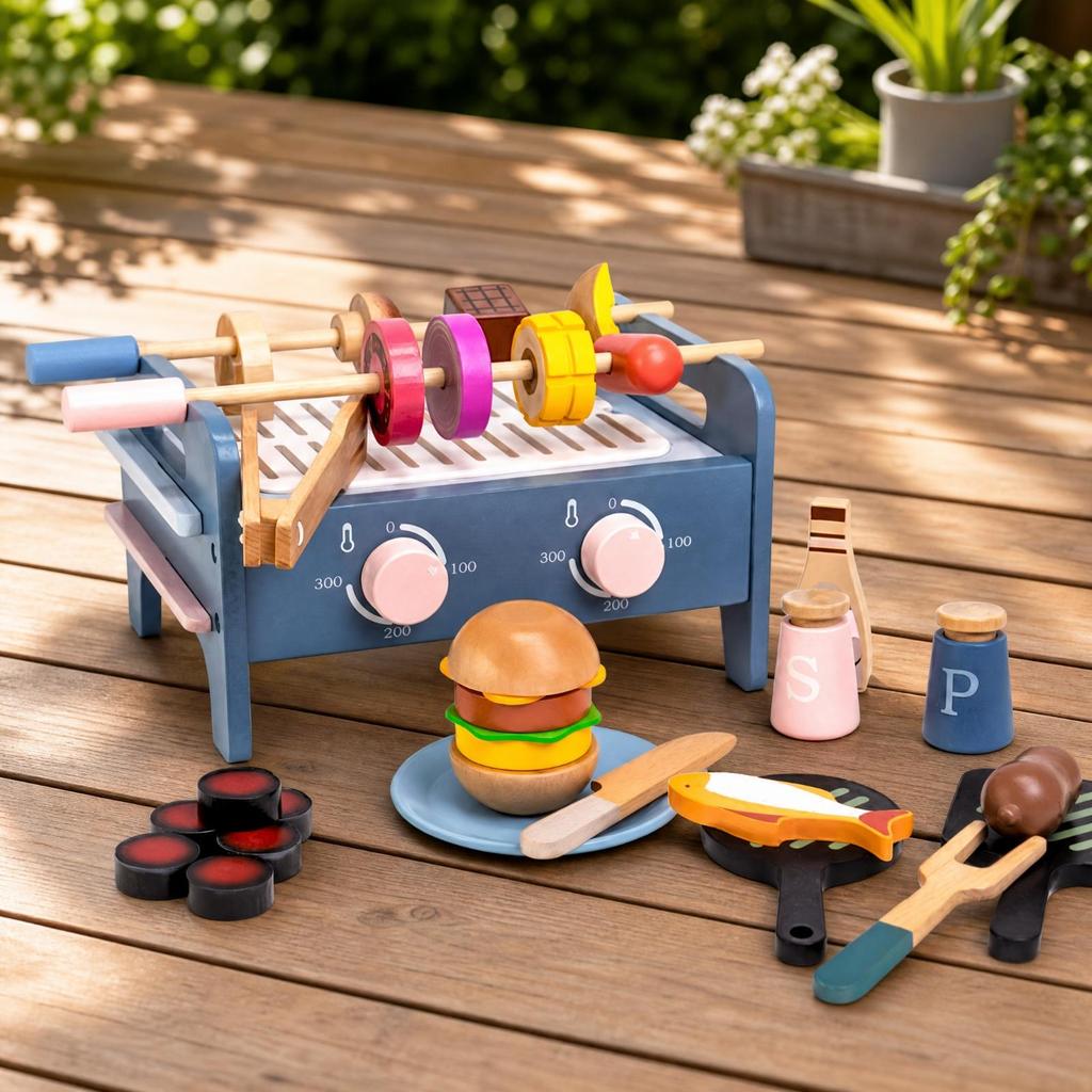 Wooden Barbecue Playset with Play Food Imaginative for Playroom
