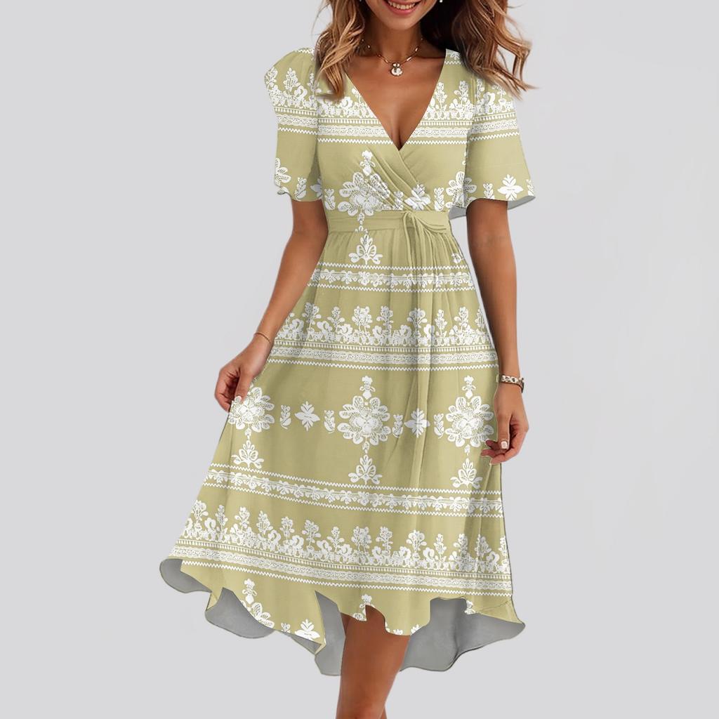 Women's Loose Casual  V-Neck Flared Skirt Short Sleeved Printed Dress Printed Dress