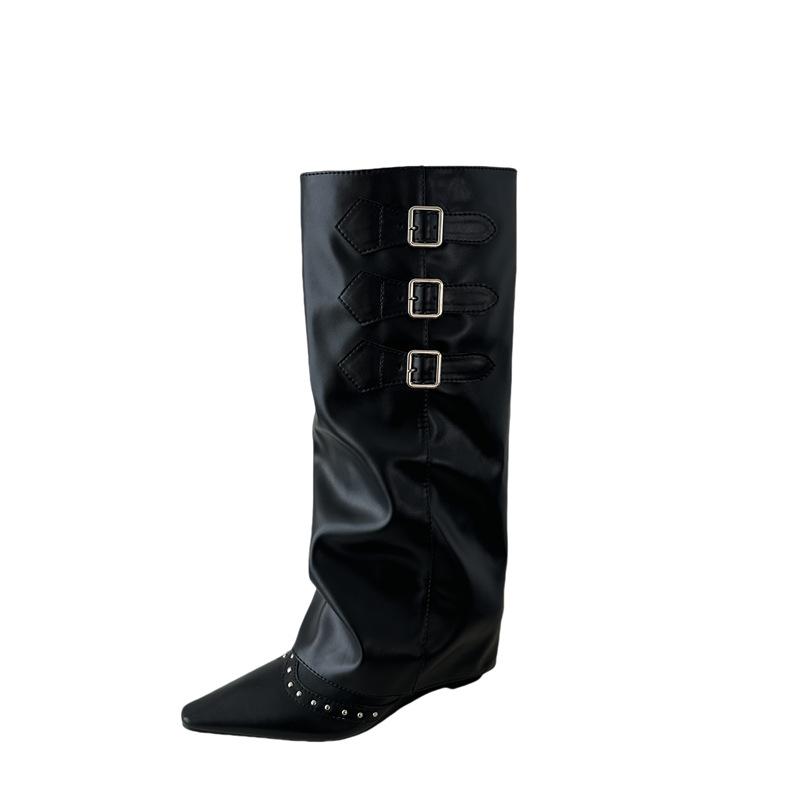 Western Cowboy Boots Pleated Pile Pile Knight Boots Punk Pointed Pants Boots Belt Buckle Boots