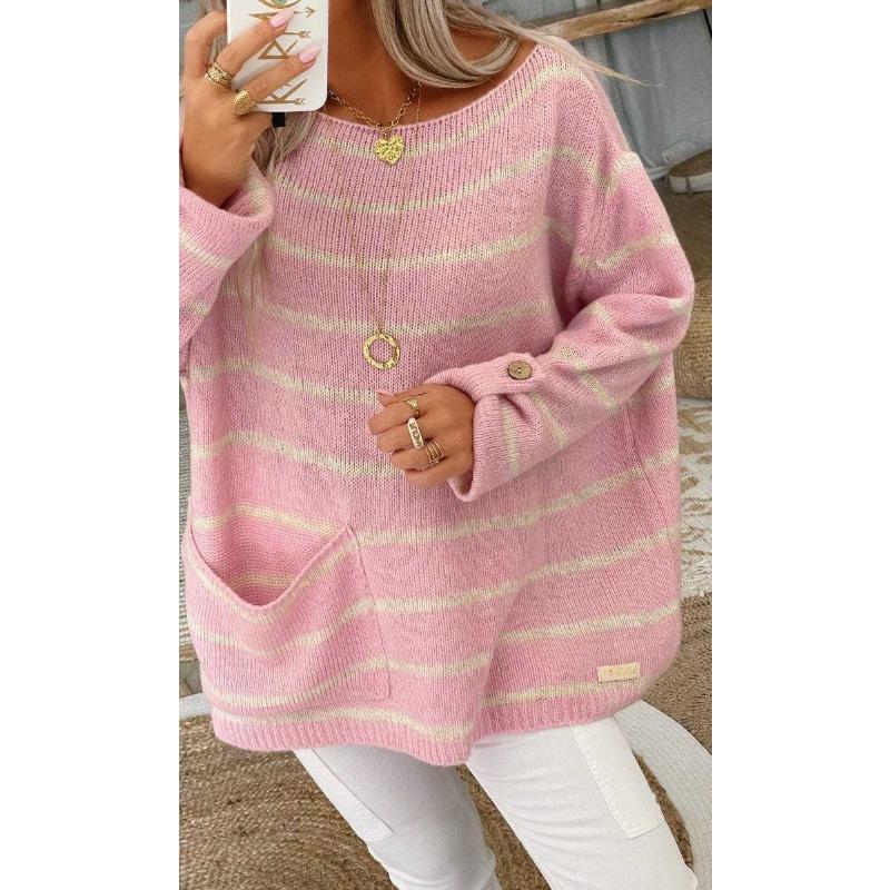 Loose Fit Round Neck Long Sleeve Striped Color Block Pullover Sweater For Women