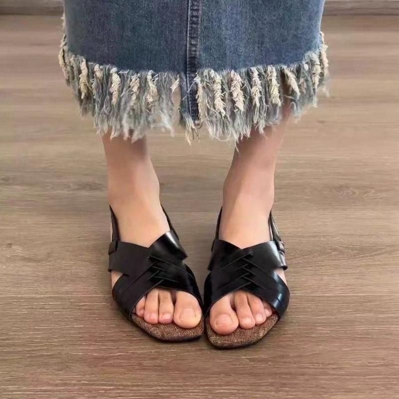 

Fashion Cross Strap Flats Women s Summer New Vintage Vacation Casual Square Toe Open Toe Non-slip Block Heel Sandals 42 чёрный