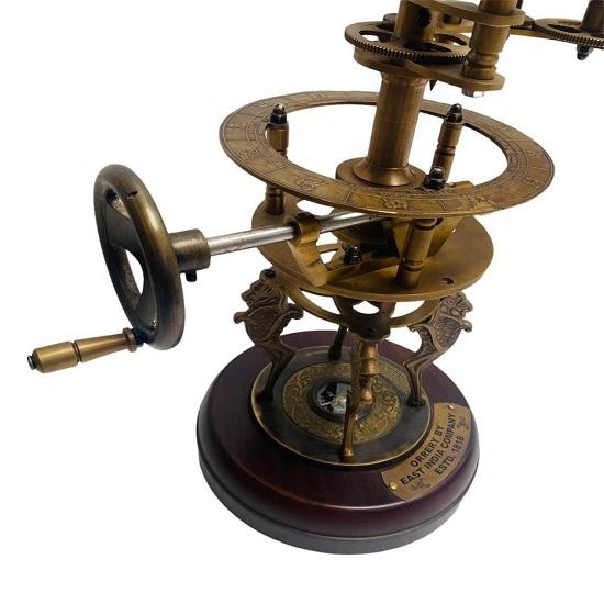 Brass Solar System Orrery With Wooden Base Sun, Earth And Moon Fully Handmade Working Model Home And Office Decor