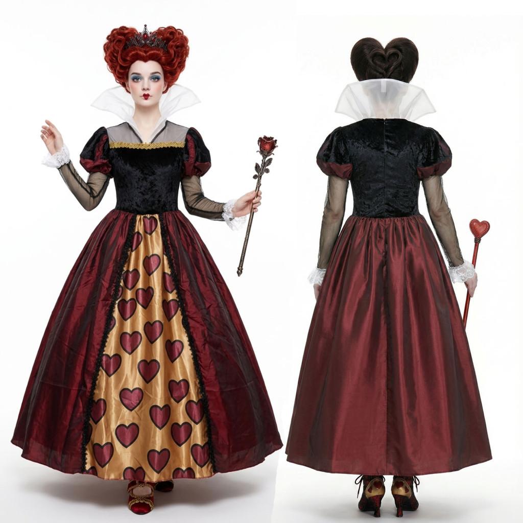 Alice In Wonderland Queen Of Hearts Cosplay Dress For Adults With Red Crown And Fabric Skirt Scene Costume