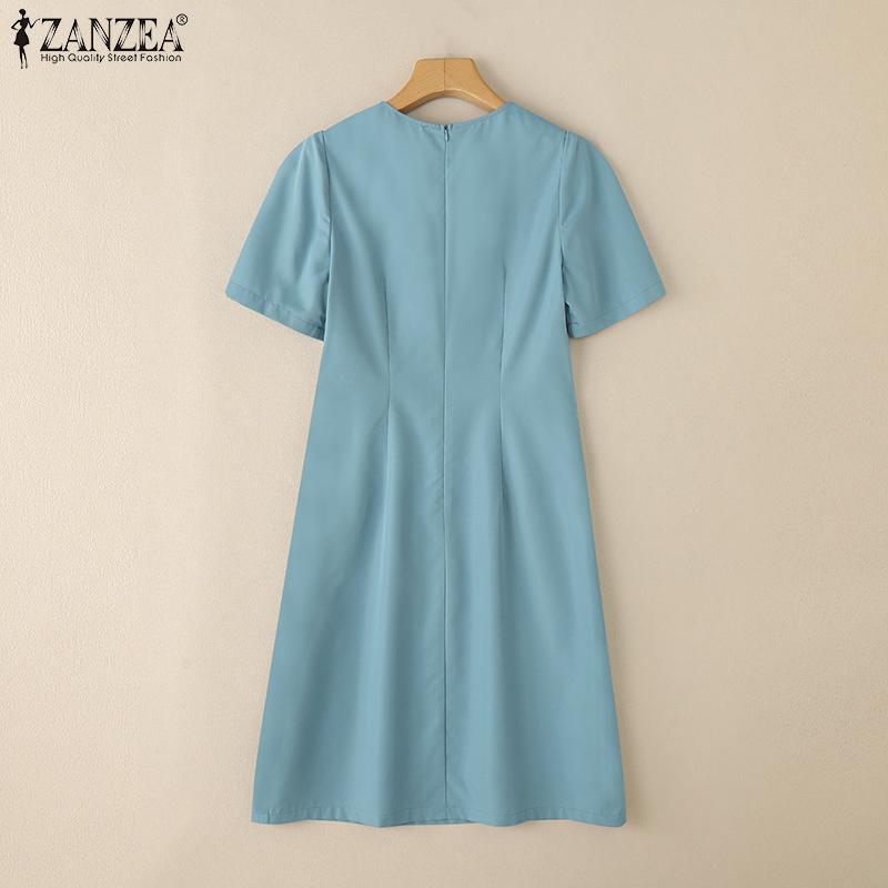ZANZEA Damen Sommer Freizeit Rundhals Einfarbig Kurzarm Kleid
