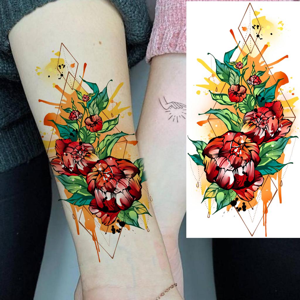 1 Sheet Butterfly Watercolor Flower Tiger Temporary Tattoos For Women Men Adults Fake Phoenix Parrot Lotus Tattoo Sticker Sleeve