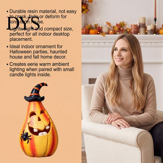 Holiday Gifts for Friends Halloween Smiling Pumpkin Ornament with Wizard Hat And Spider, Resin Tabletop Pear-shaped Figurine, Retro Statue Home