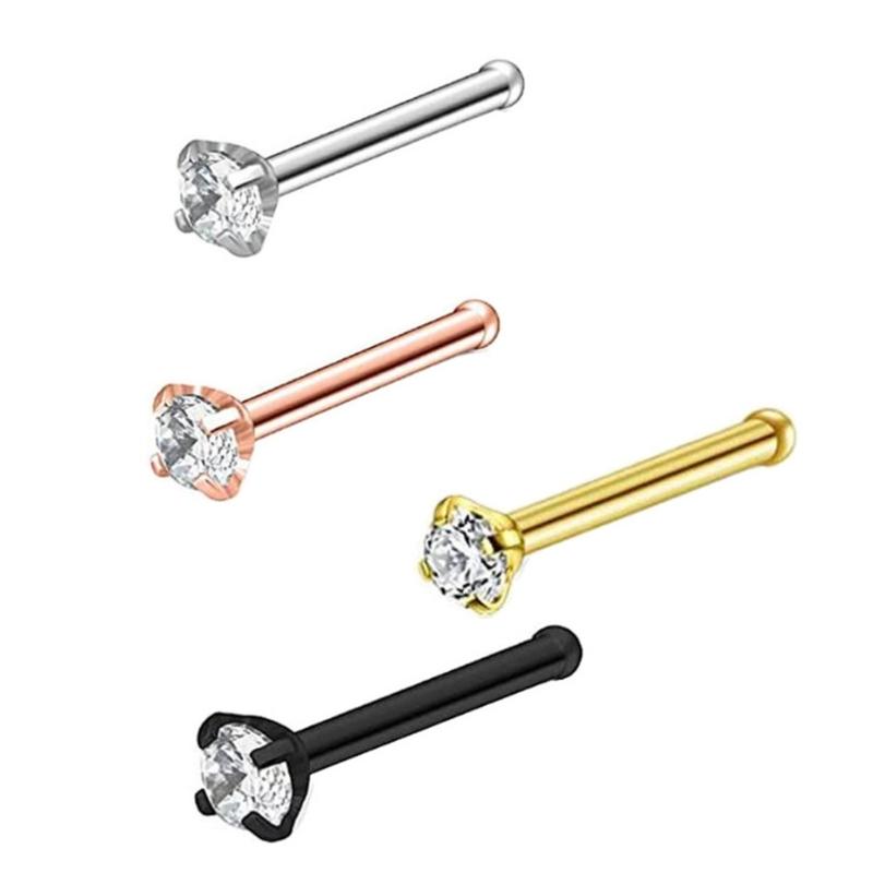 Multiple Color Stainless Steel Nose Studs Set 4Pcs 3 Shank Designs 7mm Post Length Comfortable Piercing Jewelry