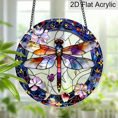 Acrylic Dragonfly & Flower Suncatcher Stained Glass Effect Window Hanging Ornament Insect Themed Gift for Home