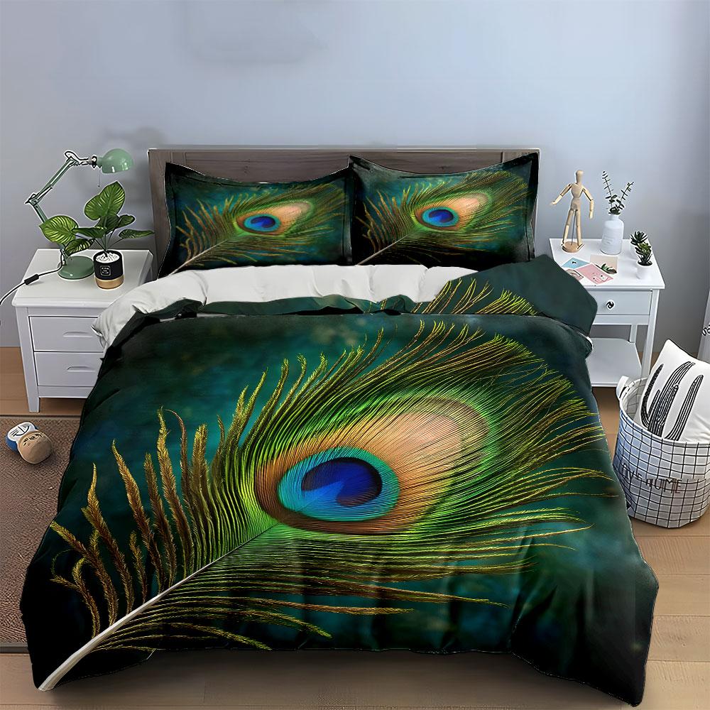 "Elegant Peacock Feather Set Décor" Kid's and Adults' Bedroom Decor, Exquisite Three-piece Bedding Set Gift
