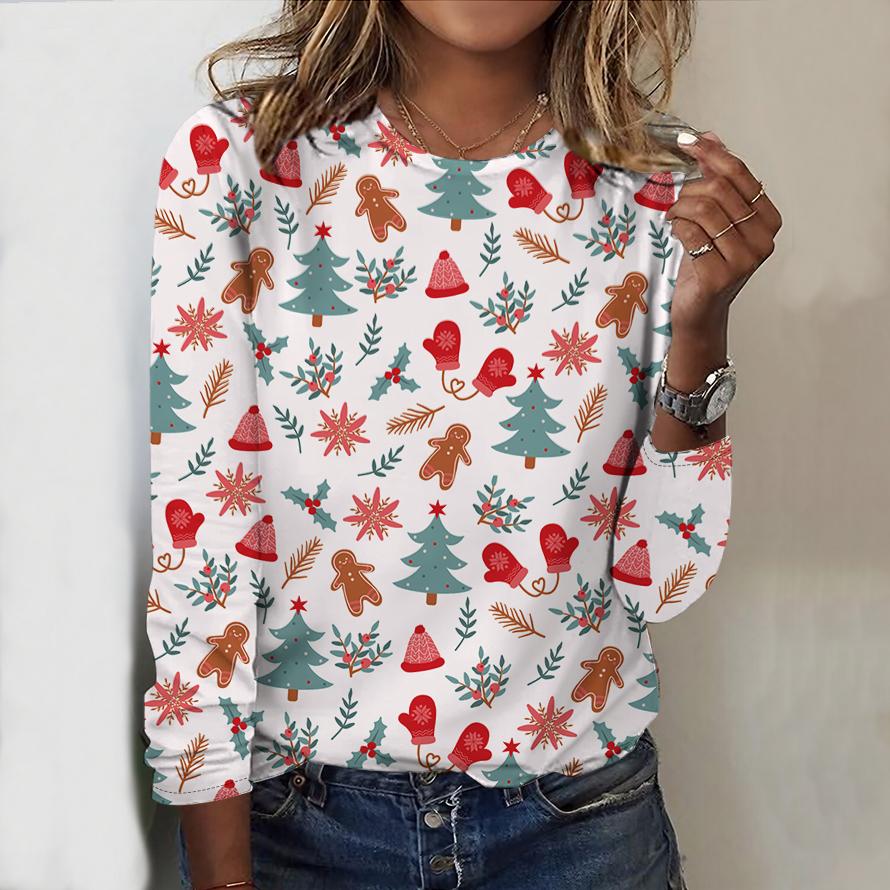 Tops For Women Christmas Tree Print Round Neck Long Sleeve T-shirt Fall Casual Slim Pullover Women's Long Sleeve Top