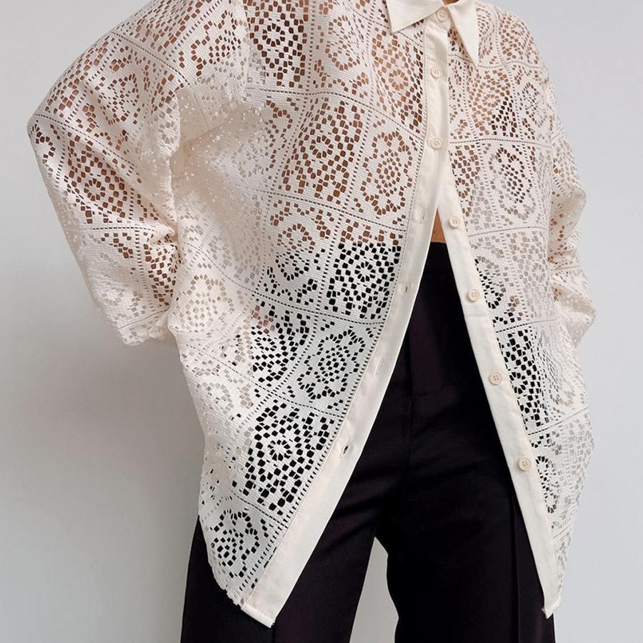 Fashionable High-End Retro Lace Hollow Shirt Versatile Commuting Long Sleeve Blouse Women's Hot Item