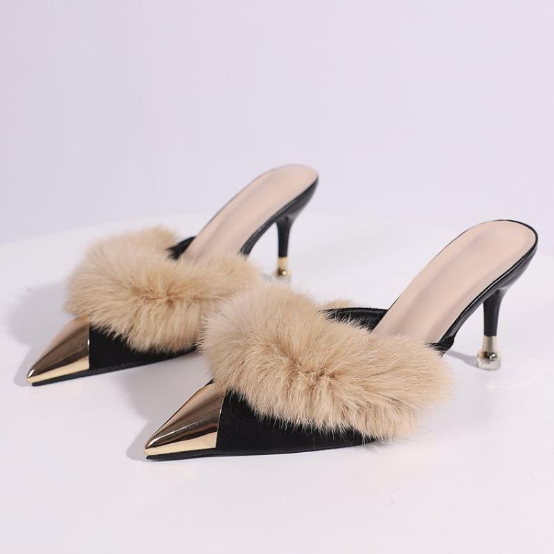 Fur Lined Metal Toe High Heels Thin Stiletto Half Slippers Warm Winter Shoes Korean Style Flat Bottom Rubber Sole