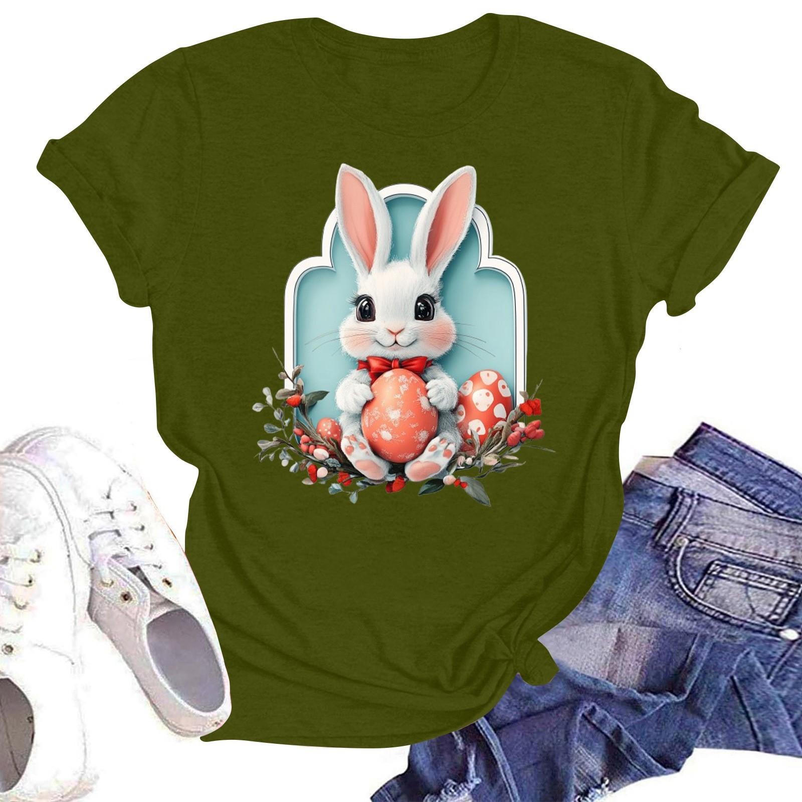 

Счастливой Пасхи женская мода принтованный круглый вырез короткий рукав футболка пуловер топ L армия зеленый