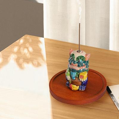 Chinesische Löwenstatue Räucherstäbchenhalter mit rundem Tablett Souvenir 1,6x2x2,8 Zoll Keramikskulptur für