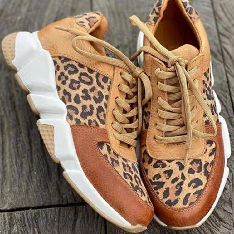 Fashion Platform Sneakers Women 2025 Round Toe Low-top Leopard Wedge Shoes Women's Size 43 Lace Up Socofy Casual Sports Shoes