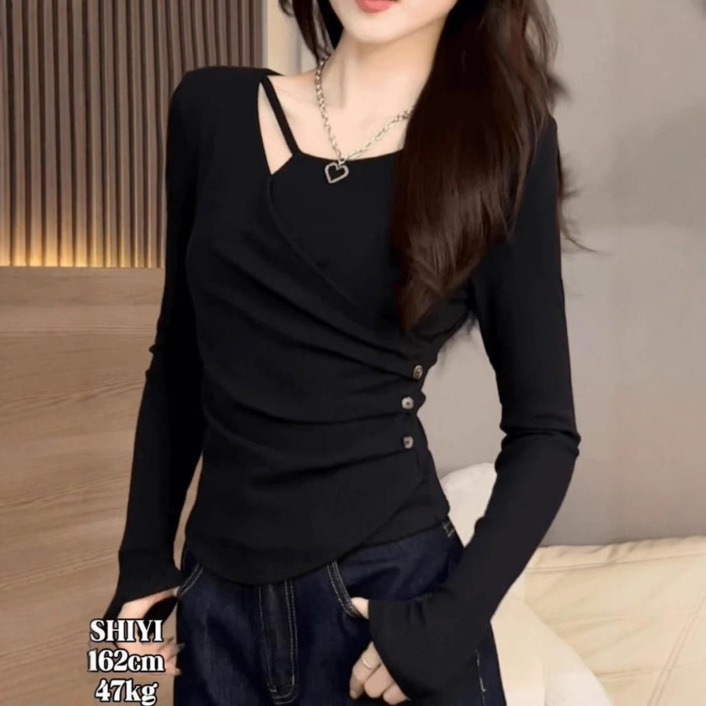Long-sleeved T-shirt for Women's Autumn and Winter New Inner Bottoming Shirt, Slim-fitting, Meat-covering and Thin Front Shoulder Top for Women