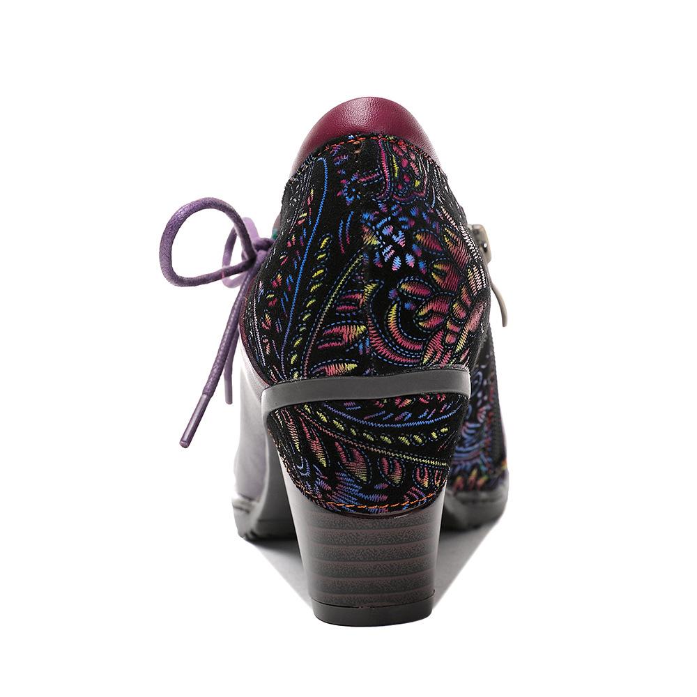 Johnature נעלי עקב גבוהות מודפסות רטרו, נעלי פאמפ מעור אמיתי, סגנון אתני, פרח, רוכסן צדדי, נעלי נשים