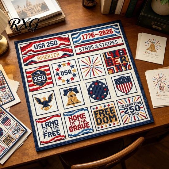 Cotton Embroidery Cloth 250th Anniversary Cross Stitch Kit, Independence Day Theme, Red White Blue Threads Fourth Of July Stitching Set Set, Patriotic
