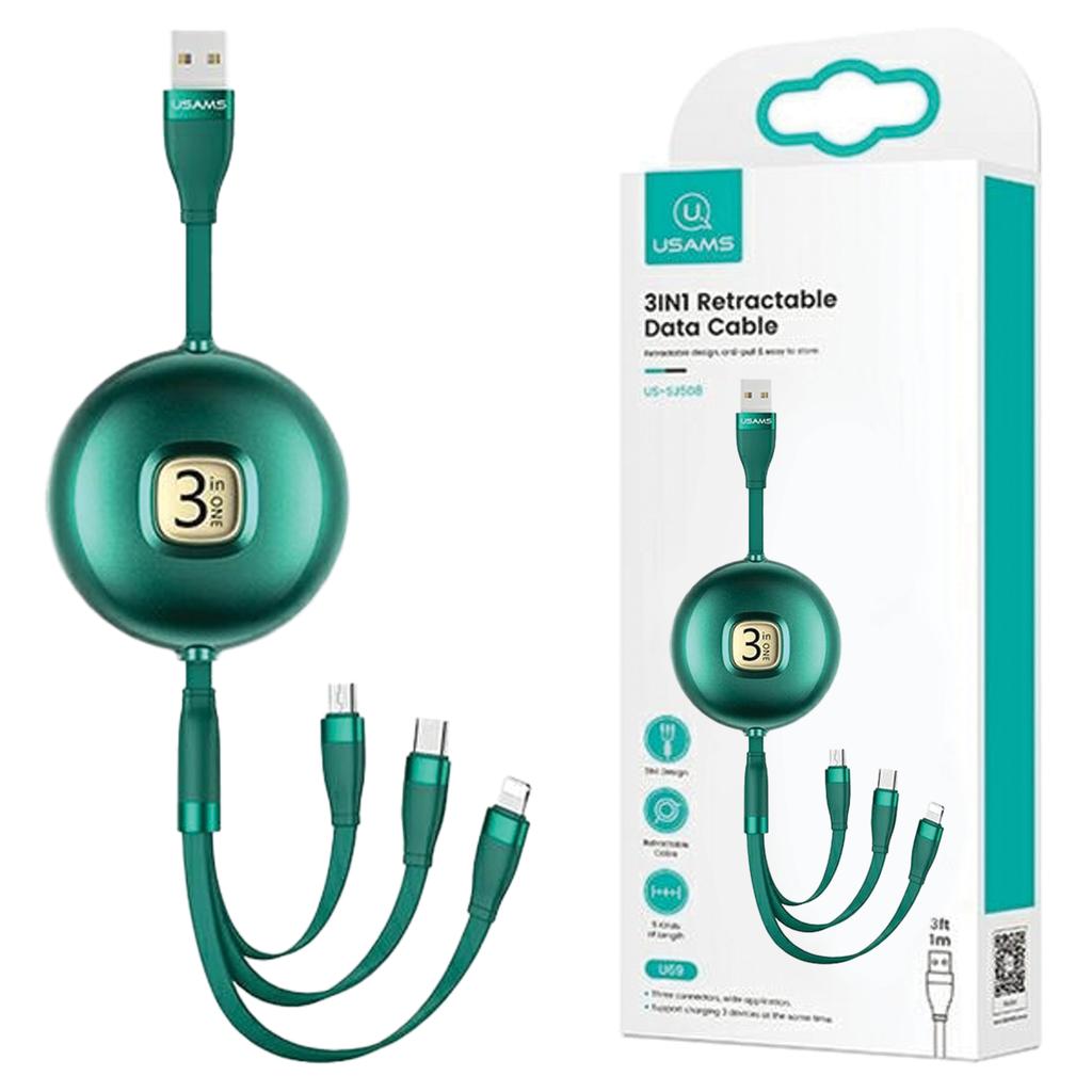 Usams Kabel U69 3W1 1M Zielony/Green(Lightning/Microusb/Usb-C) Sj508Usb03 (Us-Sj508)
