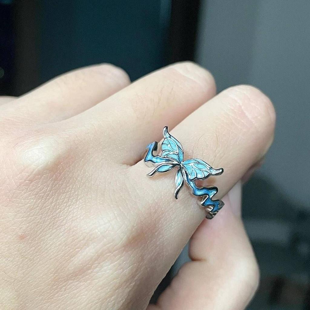 New Chinese Classical Fashion Sweet Cool Romantic Blue Butterfly Ring Female Niche Design Light Luxury Dream Butterfly Index Finger Ring