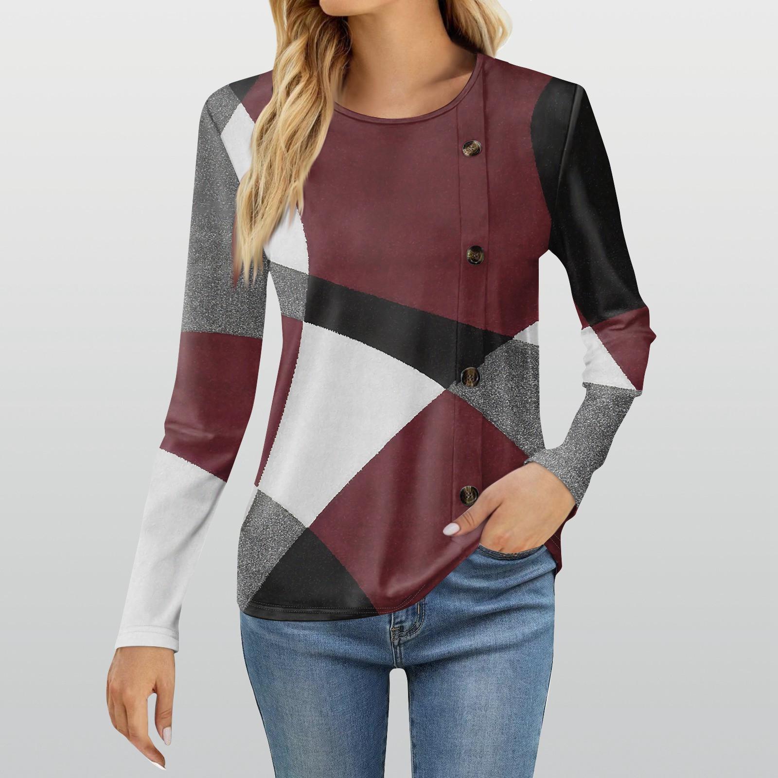 

Женская модная повседневная футболка с круглым вырезом и длинным рукавом с принтом, женская футболка XL винный