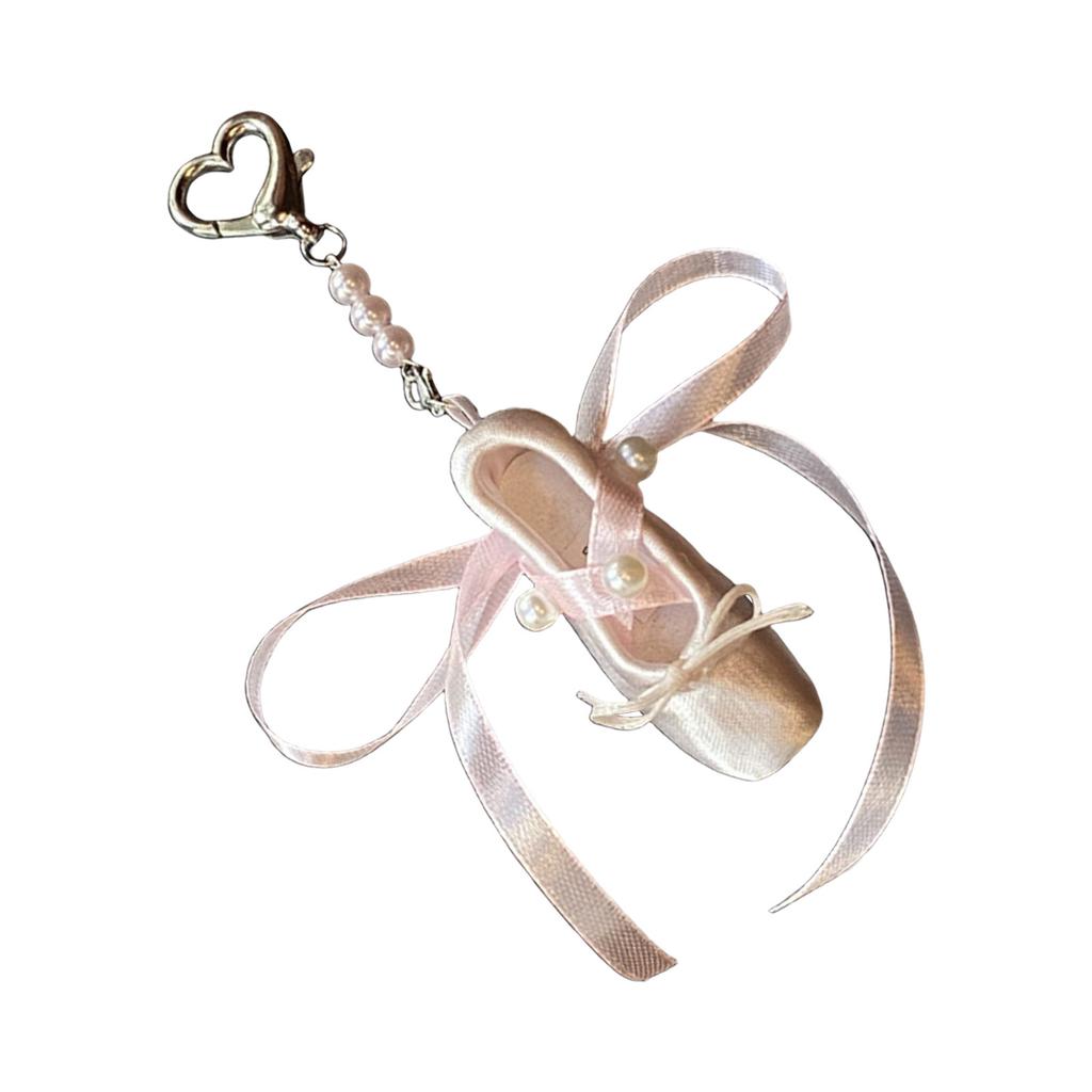 Fashionable Ballet Shoe Keychain Charm with Pearls Ribbon Designs Lovely and Stylish Accessory Portable for Girls