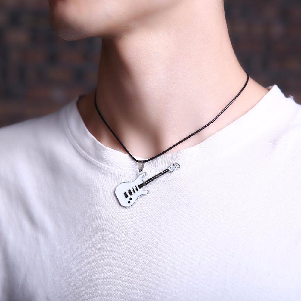 Rinhoo Trendy Leather Chain Guitar Necklace For Men Punk Rock Music Jewelry Gift Stainless Steel Necklace Pendant Wholesale