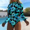 Women Long Sleeve One Piece Swimsuit Zip Front  Rose Flower  Print Rash Guard Surfing Bathing Suit