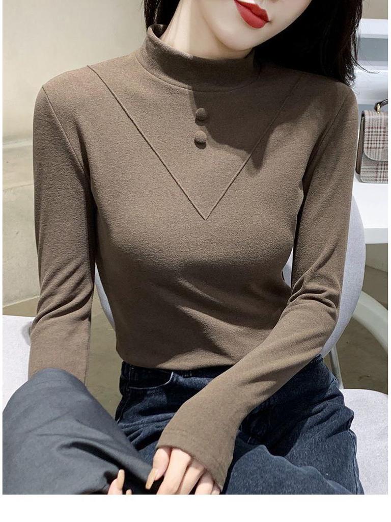 1x1 Ribbed Double-Sided Velour Women's Half High Neck Long Sleeve Slim-Fit Brushed Warm Top
