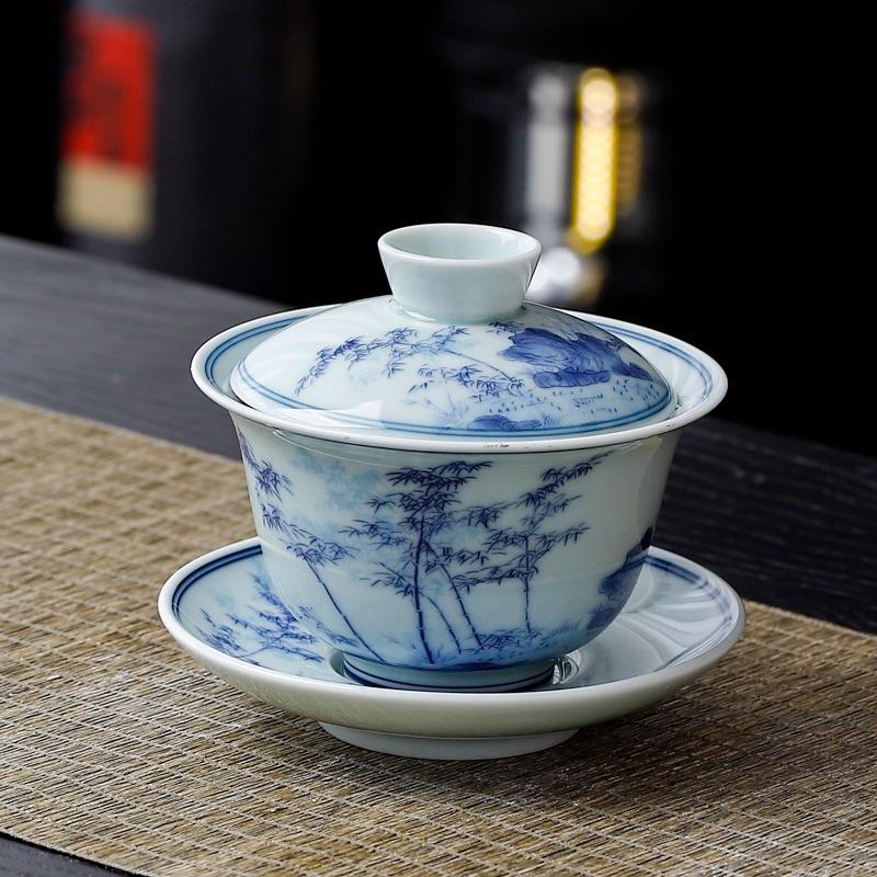 Large Blue & White Retro Sancai Gaiwan Ceramic Tea Cup with Infuser - Kung Fu Tea Set