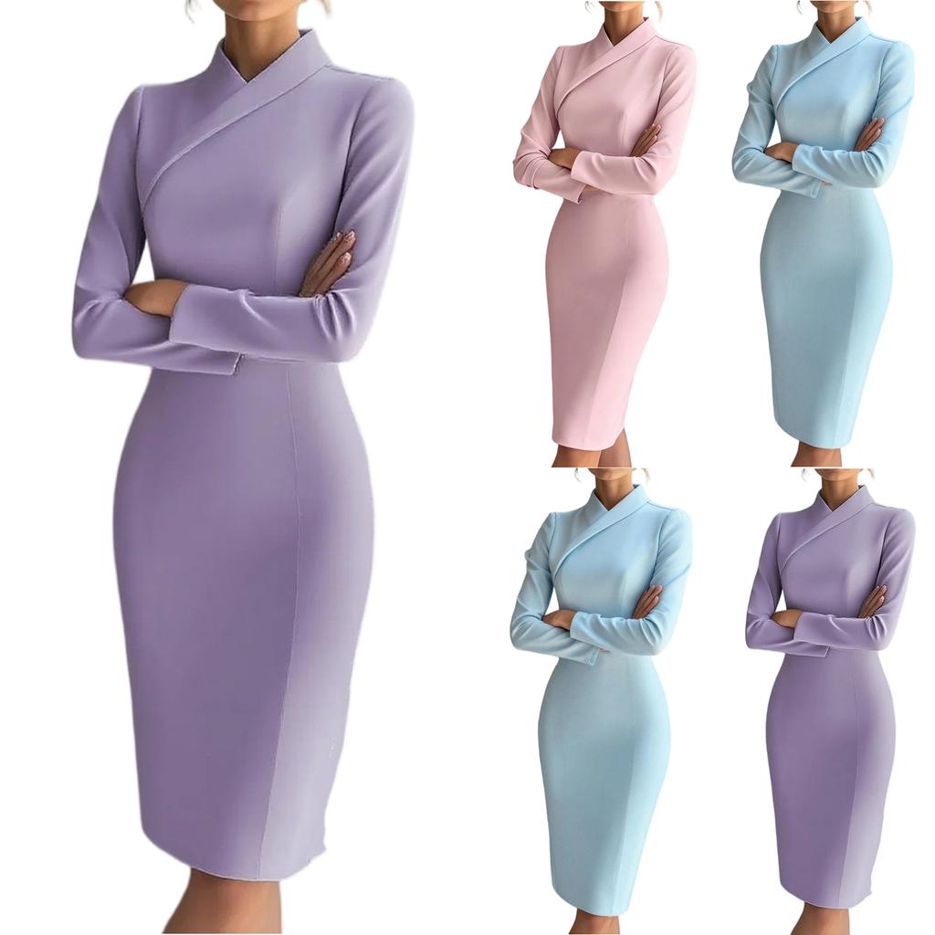 Women's Fashionable  Solid-Colour Long-Sleeved Turtleneck Slim-Fit Pencil Dress
