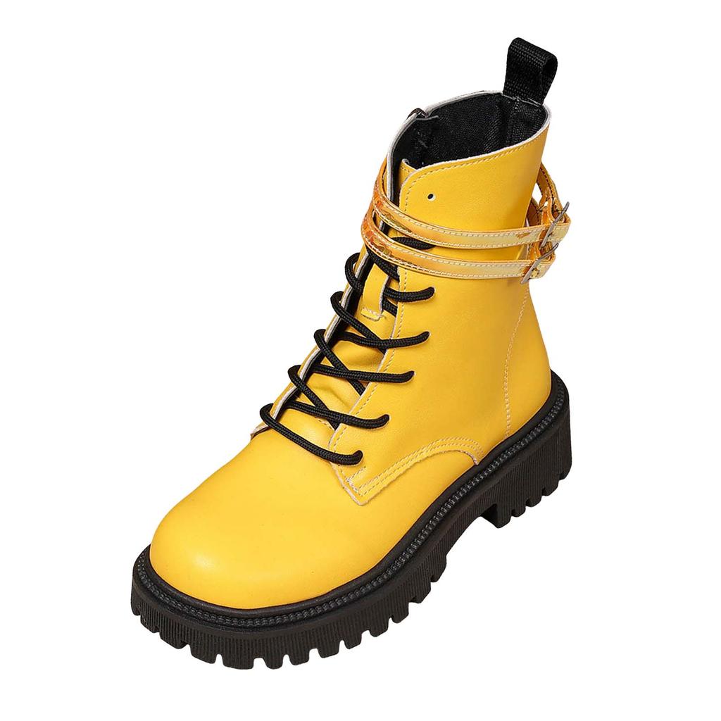 Dicke Sohle Runde Spitze Damen Einfarbige Modische Freizeit Schnürung Mittelhohe Stiefel Glitzernde Gummistiefel für Damen Mittelhoch