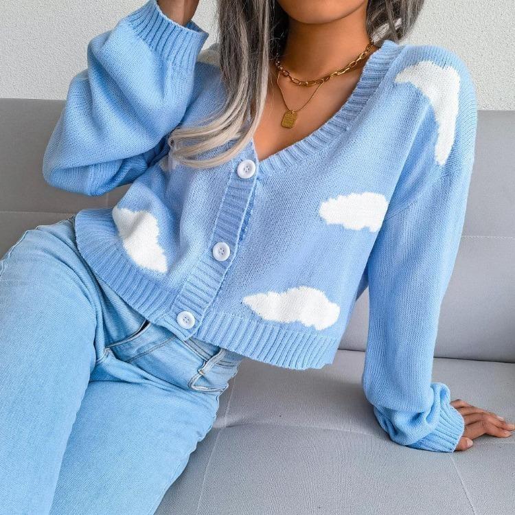 Women Autumn Winter Knitted Cardigan Long Sleeve V Neck Printed Single Breasted Sweater