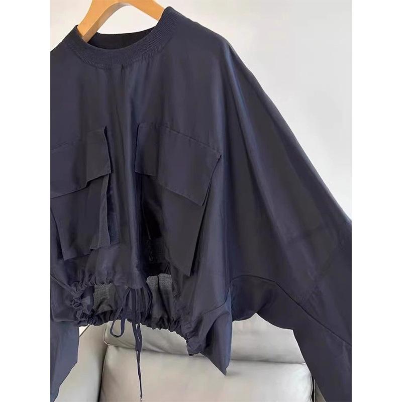 French Navy Blue Shirt Women's Spring and Autumn New Hem Drawstring Design Sense Niche Loose and Versatile Temperament Top 11