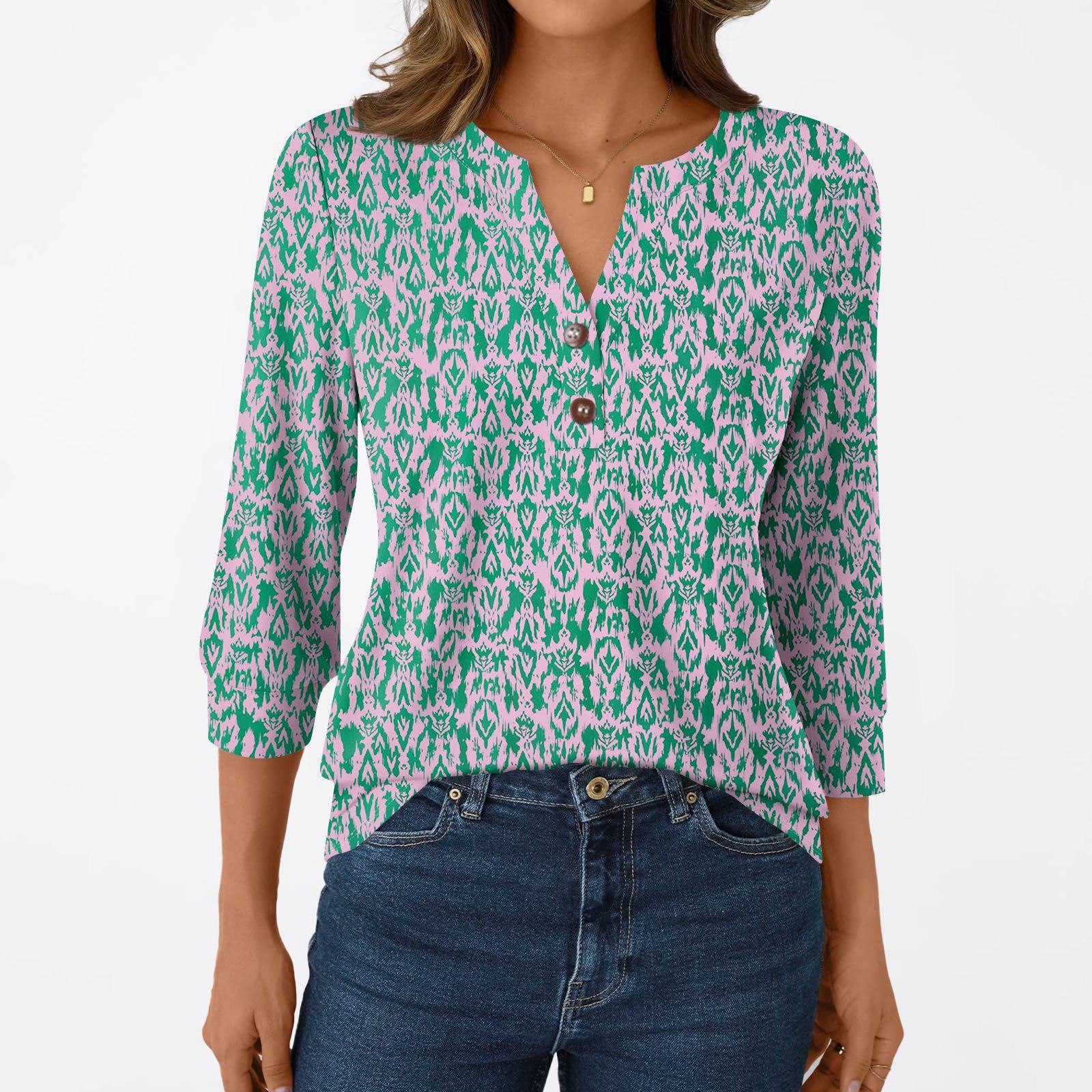 

Women s Fashion Casual 3/4 Sleeve T-Shirt Prints V-Neck Button Top XL