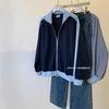 Womens Navy Blue Color Block Zip Up Sweatshirt Long Sleeve Stand Collar Polo Neck Casual Outerwear