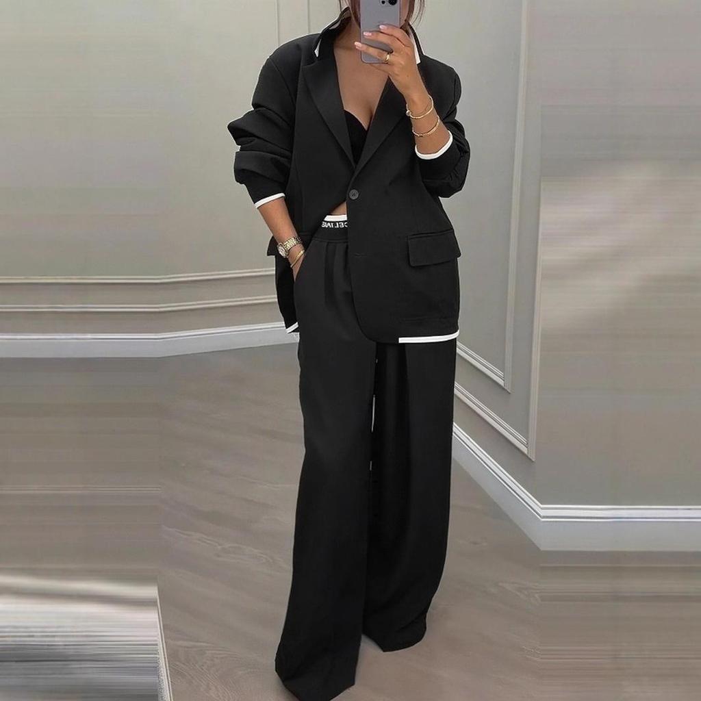 Women's Oversized Blazer Suit Set, Two Piece Wide Leg Pant Suit with White Trim