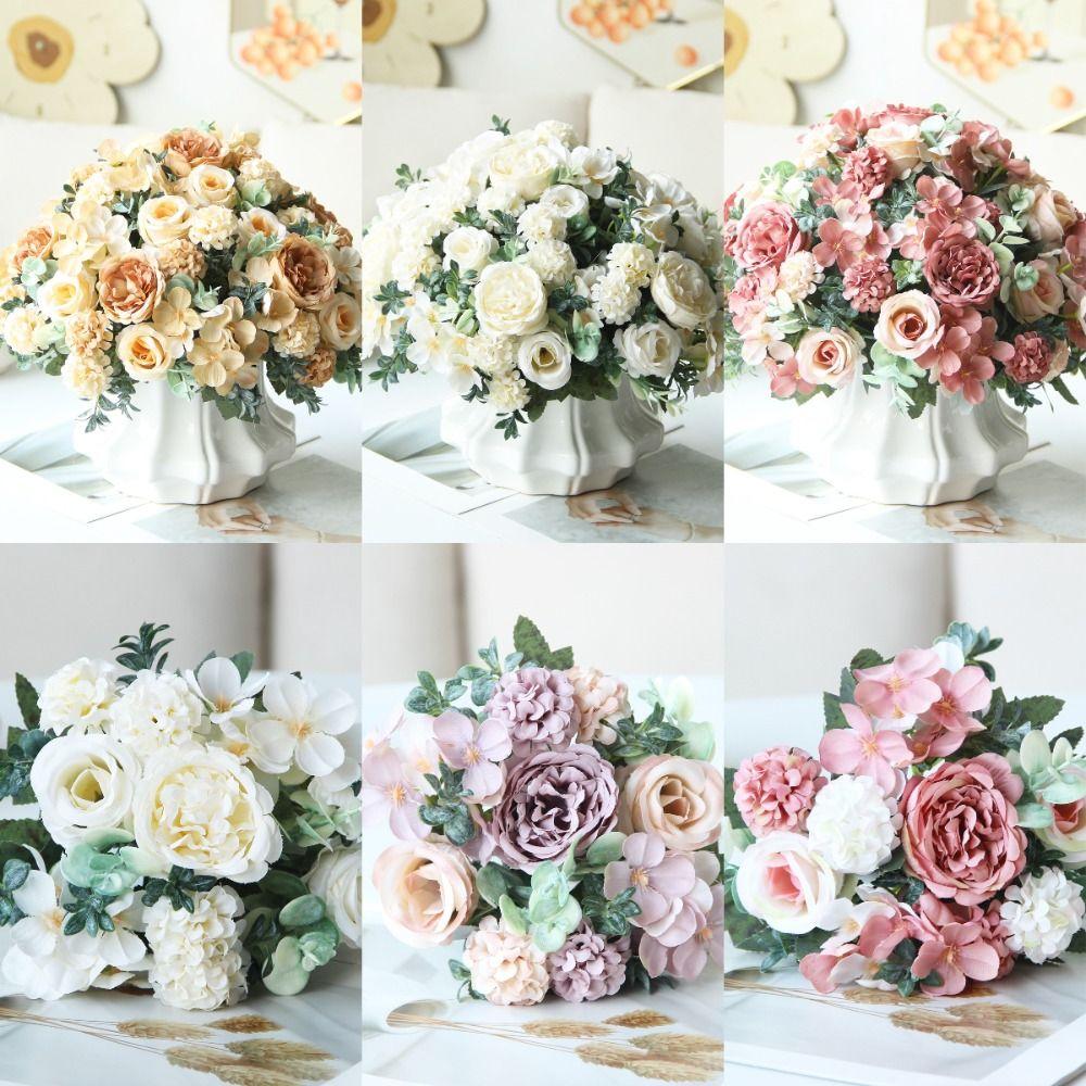 

Oil Painting Style Artificial Peony 7-Fork Rose Hydrangea Bouquet Birthday Party Supplies шампанського