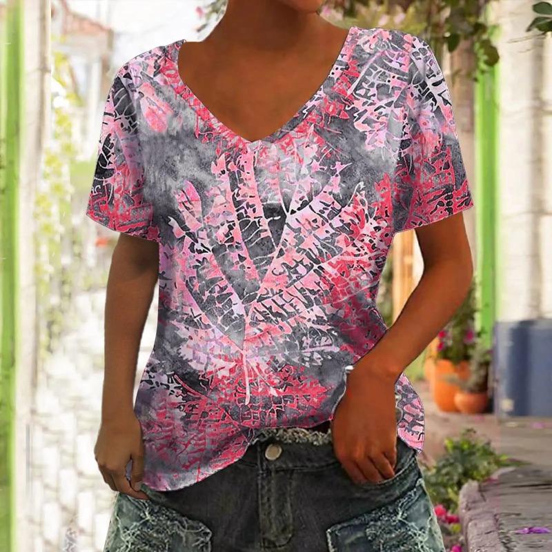 Summer Women's T-shirt 3D Leaf Printing V-neck Short Sleeve Shirt Fashion Women's T-shirt Clothing Y2k Women's T-shirt