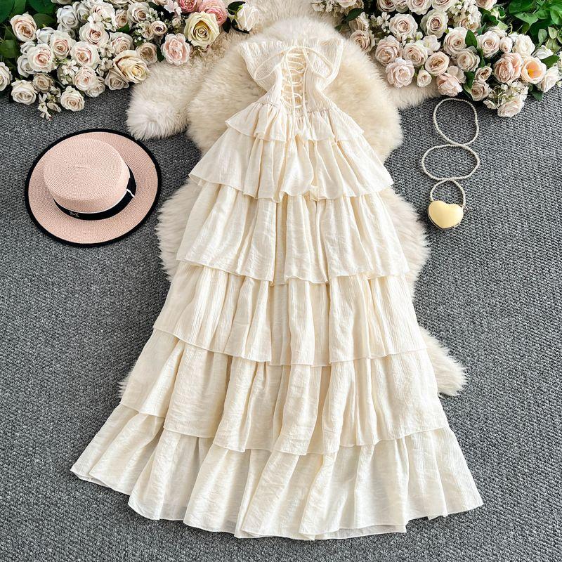 

Платье на бретелях в нишевом французском стиле Atmosphere Sense Женское Летнее Новое Сексуальное Облегающее Талию Стройнящее Многослойное Платье с Оборками Длинное Light Beige S