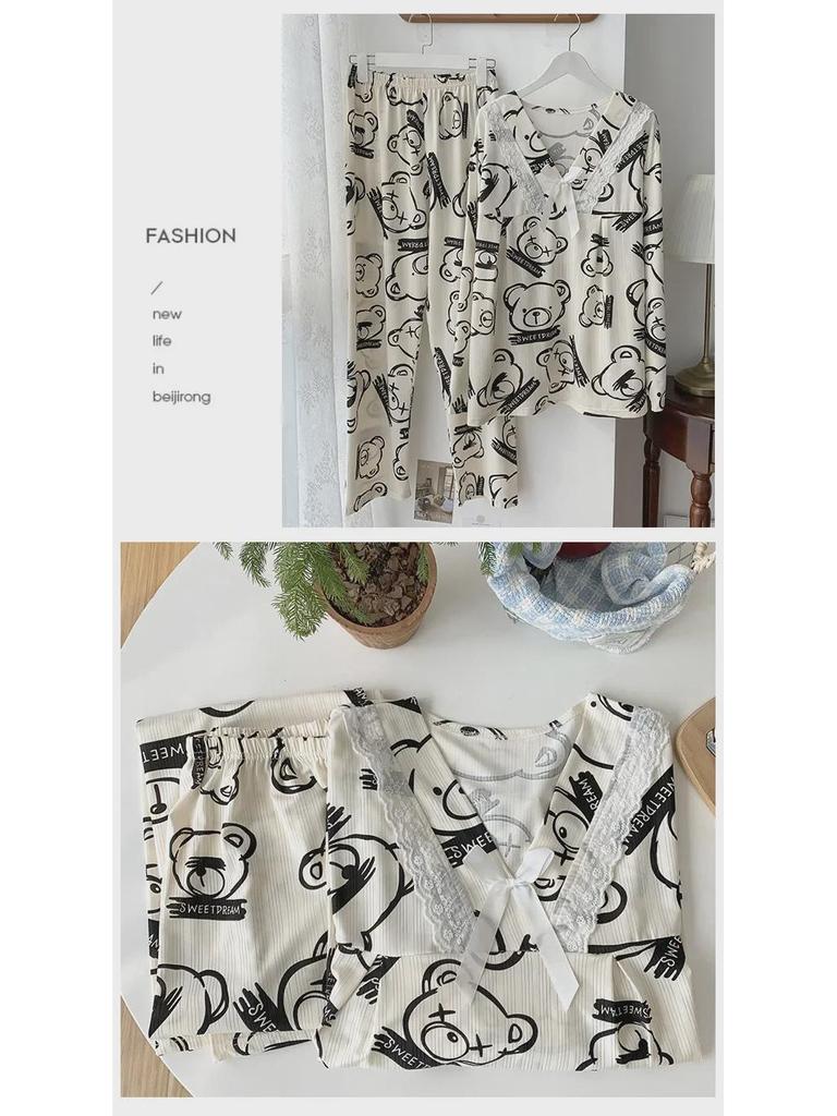 Women's Plus Size Cute Sweet Princess Pajamas - Long-Sleeved Trousers for Spring & Autumn 2024